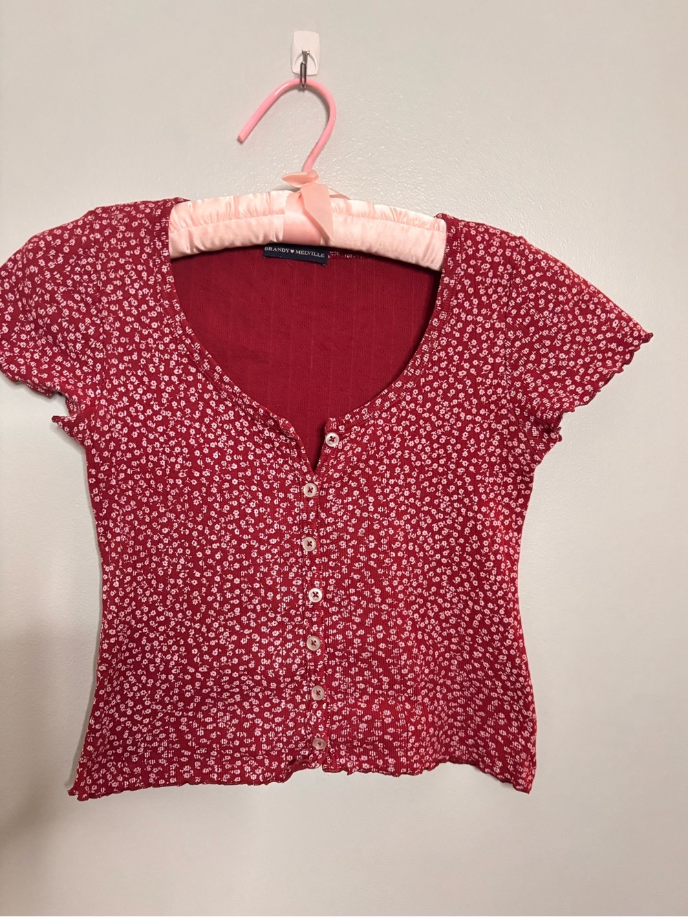 Brandy Melville Red Floral Zelly Top Button-Front Tee Coquette Babytee